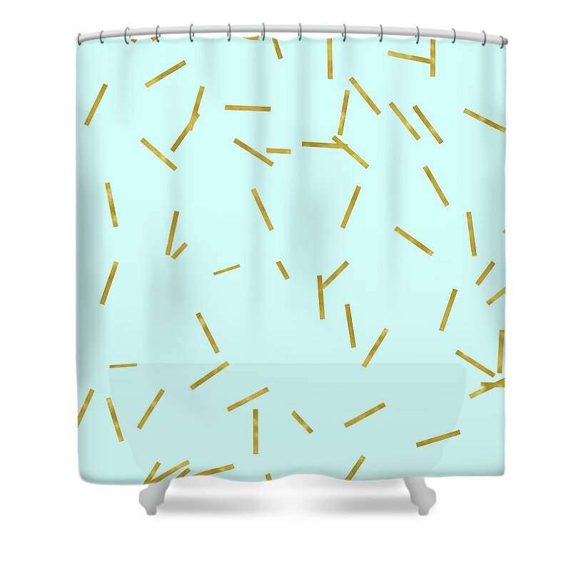 Stix Shower Curtain featuring the digital art Glitter confetti on aqua gold pick up sticks pattern by Tina Lavoie