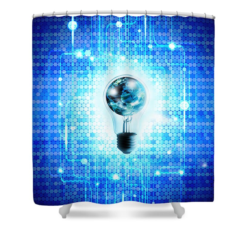 Abstract Shower Curtain featuring the photograph Globe And Light Bulb With Technology Background by Setsiri Silapasuwanchai