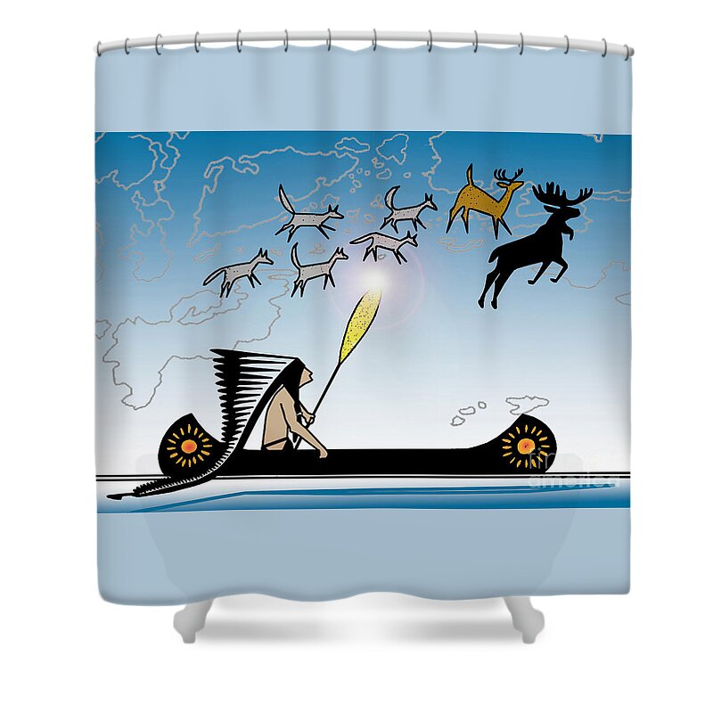 Glooscap Shower Curtain featuring the mixed media Glooscap Creates the West Isles by Art MacKay