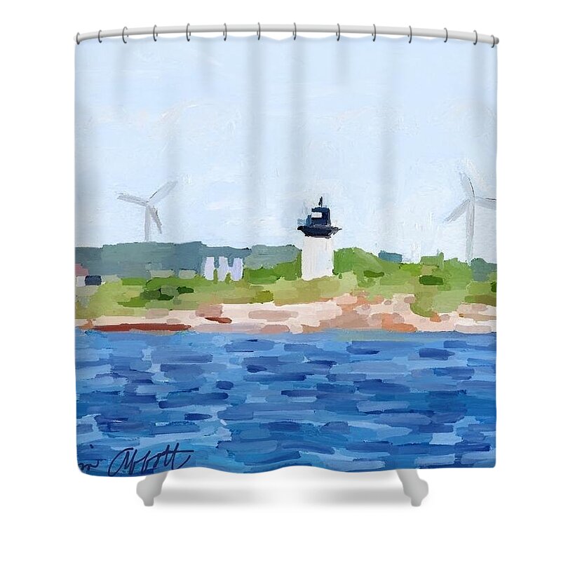 Ten Pound Island Lighthouse Shower Curtain featuring the painting Gloucester MA Skyline from Harbor by Melissa Abbott