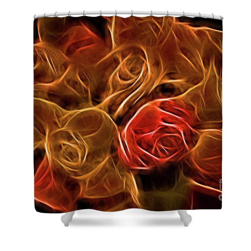 Flowers Shower Curtain featuring the digital art Glowing Golden Rose Bouquet by Linda Phelps