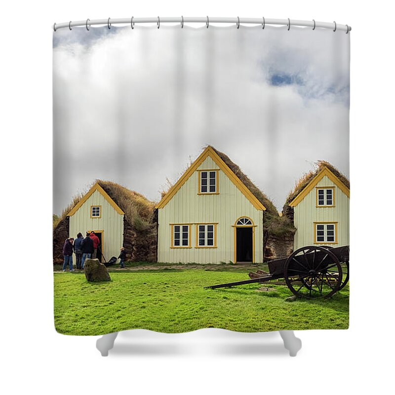 Iceland Shower Curtain featuring the photograph Glumbaer farmhouse. by Usha Peddamatham
