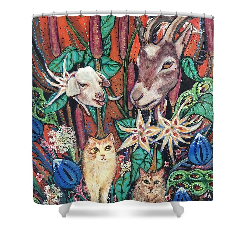 Goats Shower Curtain featuring the painting Goat Weed and Cat Tails by Linda Markwardt