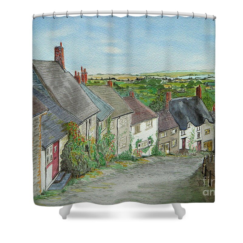 Gold Hill Shaftesbury Shower Curtain featuring the painting Gold Hill Shaftesbury by Yvonne Johnstone