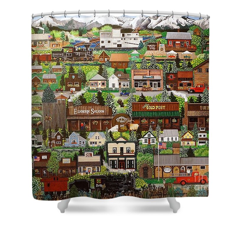 Gold Shower Curtain featuring the painting Gold Mine Town by Jennifer Lake