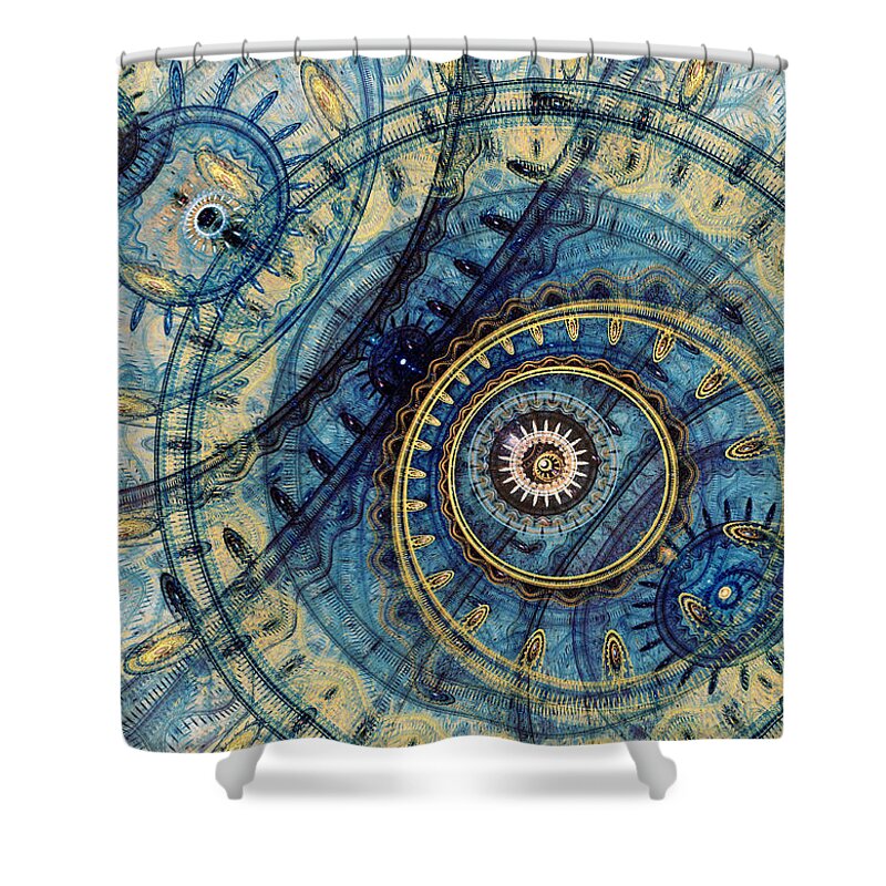 Abstract Shower Curtain featuring the digital art Golden and blue clockwork by Martin Capek