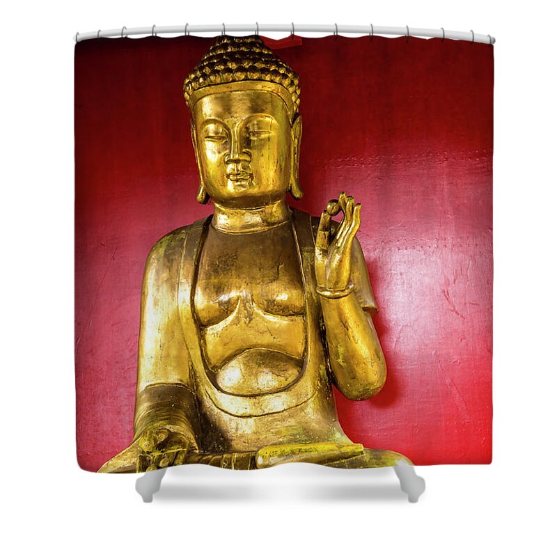 Tropical Shower Curtain featuring the photograph Golden Buddha with the Pearl of Wisdom by Brenda Kean
