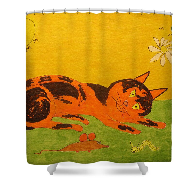 Hagood Shower Curtain featuring the painting Golden cat reclining by Lew Hagood