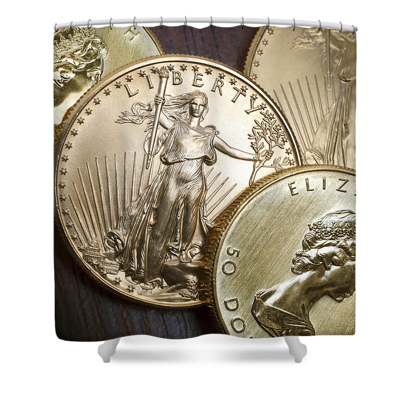 Bank Shower Curtain featuring the photograph Golden Coins by Joe Carini - Printscapes