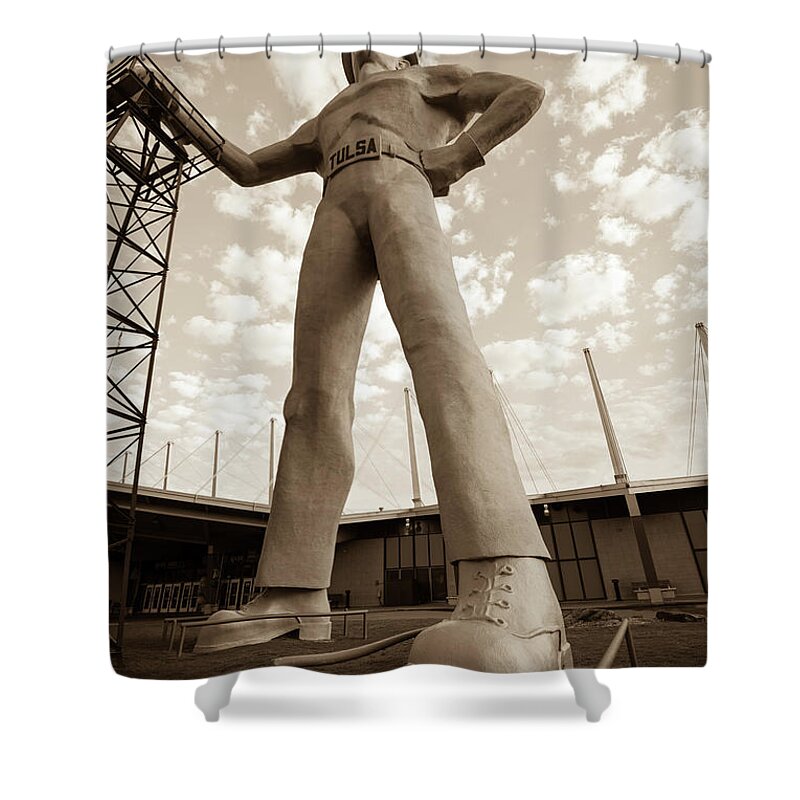 American Shower Curtain featuring the photograph Golden Driller Statue - Tulsa Oklahoma - Sepia by Gregory Ballos