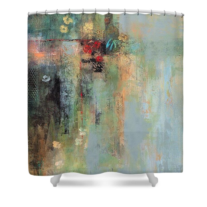 Abstract Art Shower Curtain featuring the painting Golden Flowers by Frances Marino