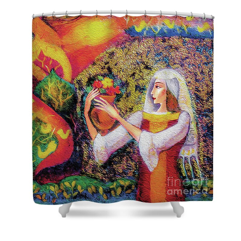 Ethnic Woman Shower Curtain featuring the painting Golden Forest by Eva Campbell