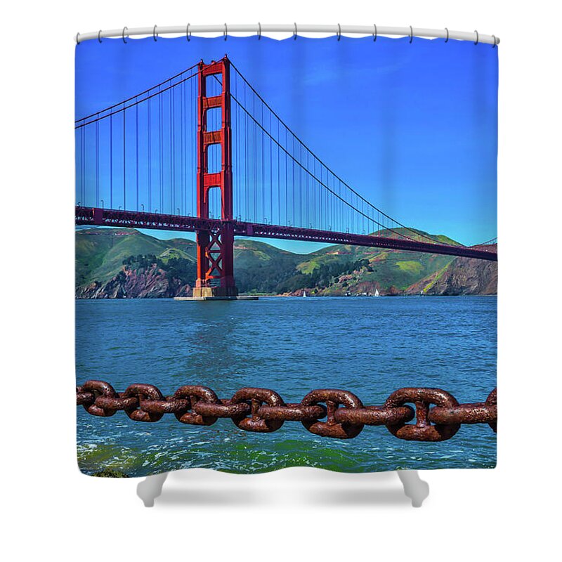 Golden Gate Bridge Tower Blue Sky Shower Curtain featuring the photograph Golden Gate Bridge And Chain by Garry Gay