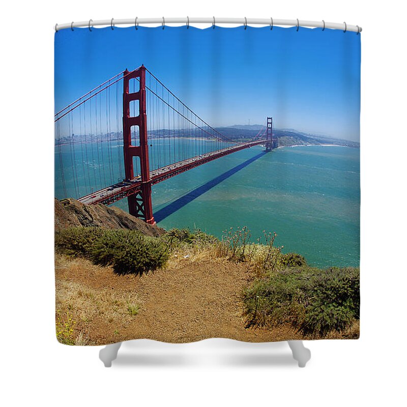 Golden Gate Shower Curtain featuring the digital art Golden Gate by Maye Loeser