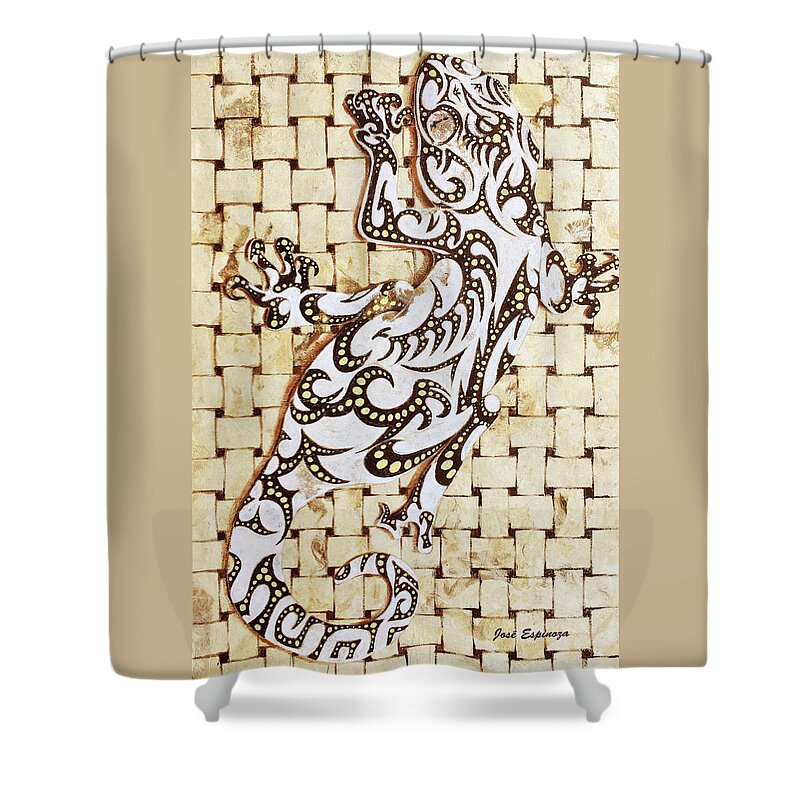 Gecko Shower Curtain featuring the painting G O L D E N  . G E C K O by J U A N - O A X A C A