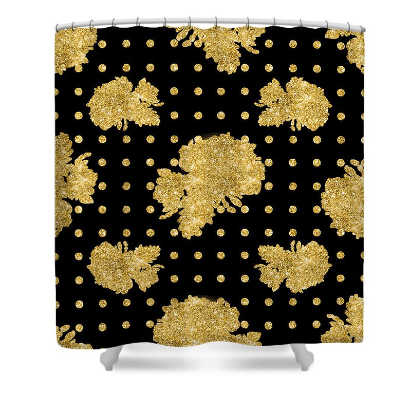 Gold Shower Curtain featuring the painting Golden Gold Floral Rose Cluster w Dot Bedding Home Decor Art by Audrey Jeanne Roberts
