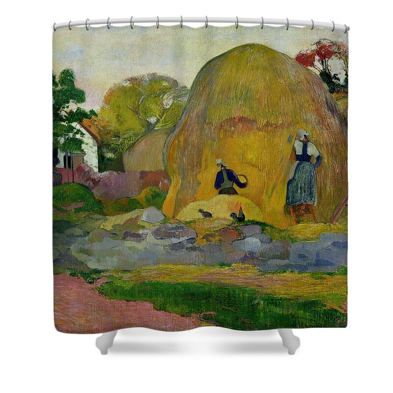 Yellow Haystacks Shower Curtain featuring the painting Golden Harvest by Paul Gauguin