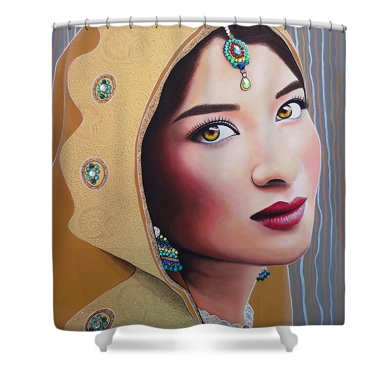 Indian Shower Curtain featuring the painting Golden Indian Bride by Malinda Prud'homme