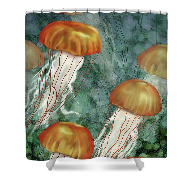 Jellyfish Shower Curtain featuring the digital art Golden Jellyfish in Green Sea by Sand And Chi