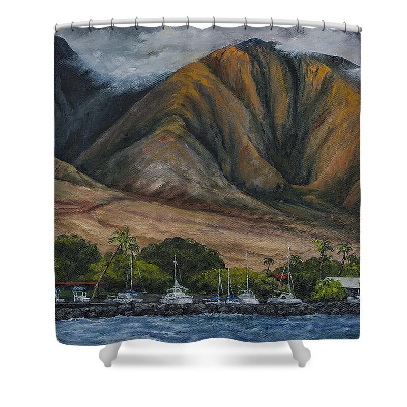 Landscape Shower Curtain featuring the painting Golden Light West Maui by Darice Machel McGuire