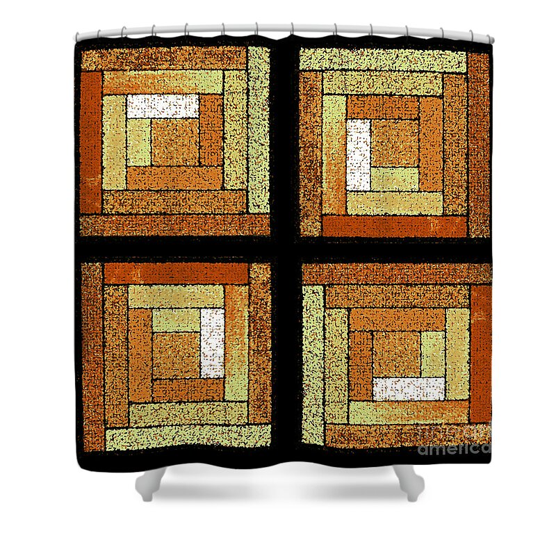 Abstract Shower Curtain featuring the photograph Golden Log Cabin Quilt Square by Karen Adams