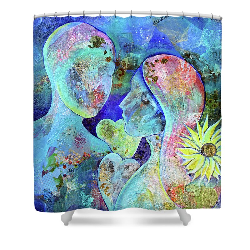 Anniversary Love Couple Marriage Special Occasion Loving Travel Embrace Future Past Blue Sunflower Heart Travel Travels Memories Memento 50th Hearts Gold Golden Anniversary Celebrate Nostalgia Shower Curtain featuring the painting Golden Memories by Shadia Derbyshire