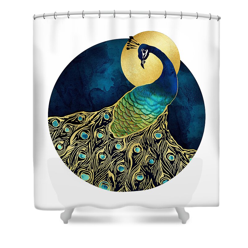 Peacock Shower Curtain featuring the digital art Golden Peacock by Spacefrog Designs