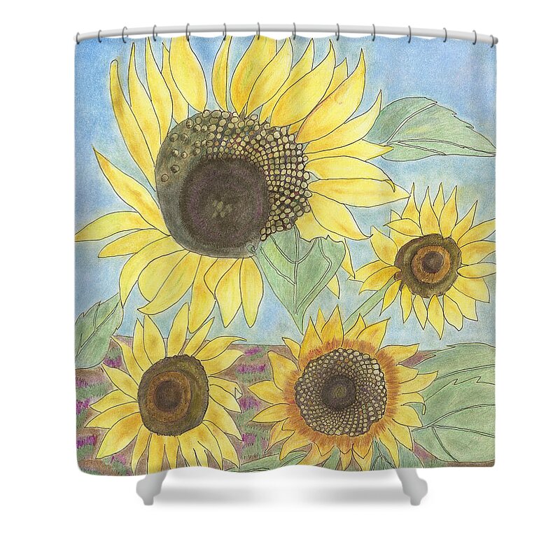 Sunflowers Shower Curtain featuring the drawing Golden Quartet by Arlene Crafton
