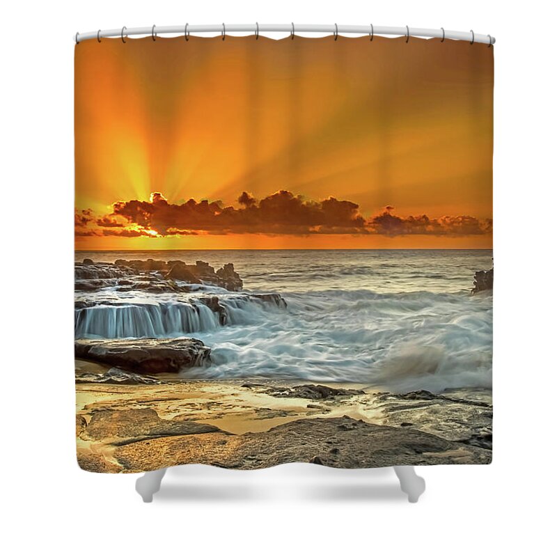 Oahu Sunset Ocean Shorebreak Seascape Clouds Fine Art Photography Shower Curtain featuring the photograph Golden Rays by James Roemmling