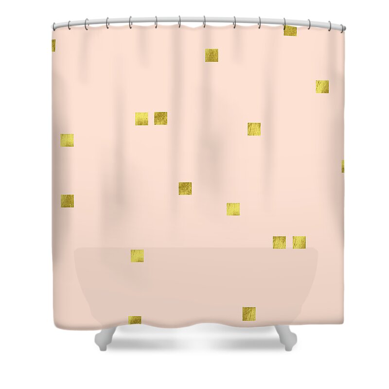 Minimalist Shower Curtain featuring the digital art Golden scattered confetti pattern, baby pink background by Tina Lavoie