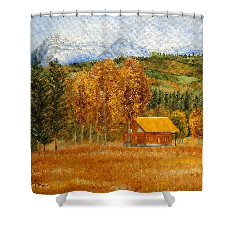 Autumn Shower Curtain featuring the painting Golden Season by Angeles M Pomata