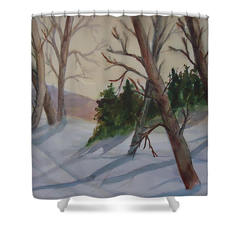 A Golden Skyin Winter Makes The Cold Seem More Inviting. Landscapes Are So Rewarding To Paint. Shower Curtain featuring the painting Golden sky in the Snow by Charme Curtin