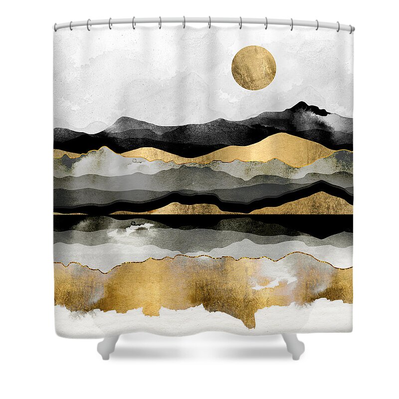Gold Shower Curtain featuring the digital art Golden Spring Moon by Spacefrog Designs