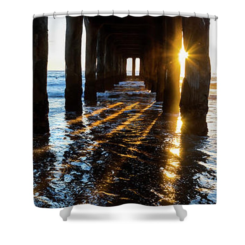 Manhattan Beach Pier Shower Curtain featuring the photograph Golden Stripes by Sean Davey