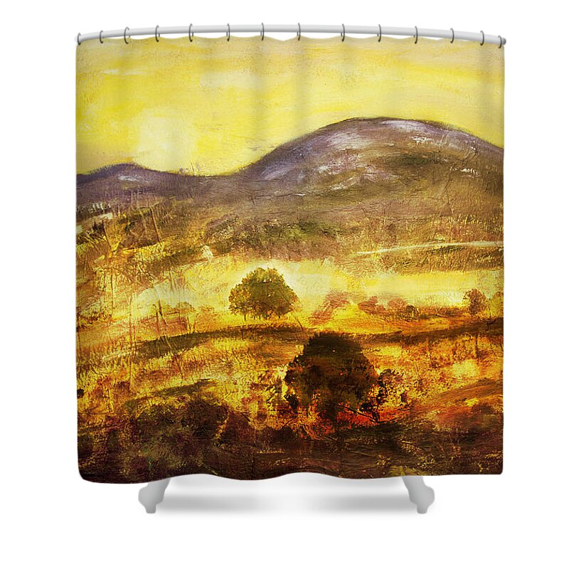 Landscape Shower Curtain featuring the digital art Golden Time by John Hansen