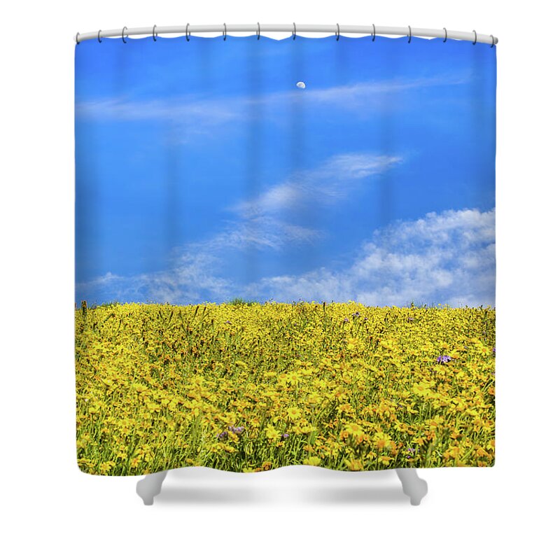 California Shower Curtain featuring the photograph Goldfields and Moon by Marc Crumpler