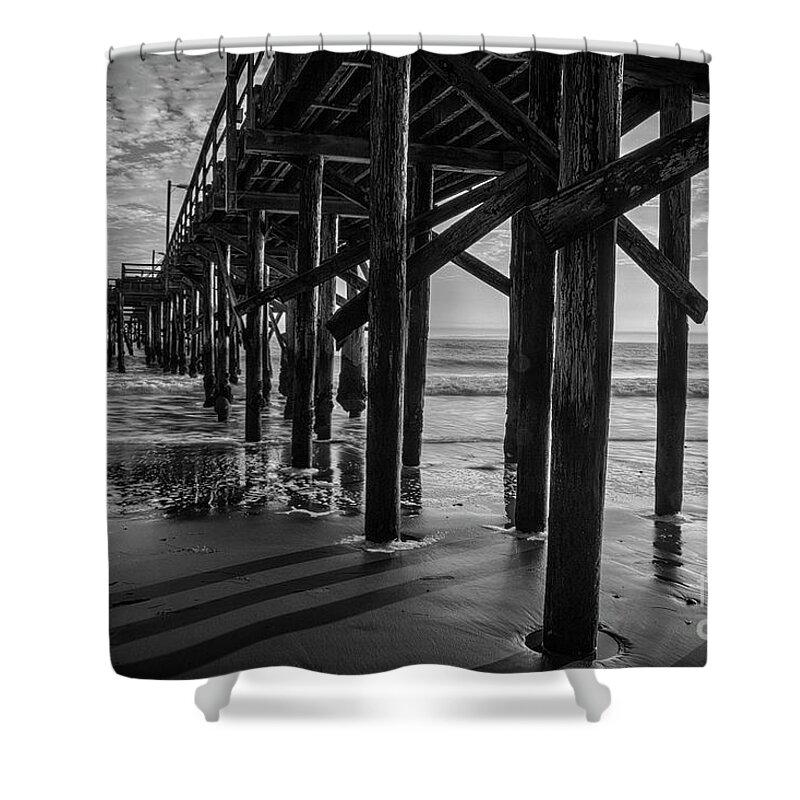 Goleta Beach Pier Black And White Shower Curtain featuring the photograph Goleta Beach Pier Black And White by Mitch Shindelbower