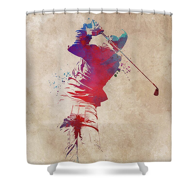 Golf Shower Curtain featuring the digital art Golf player sport art by Justyna Jaszke JBJart
