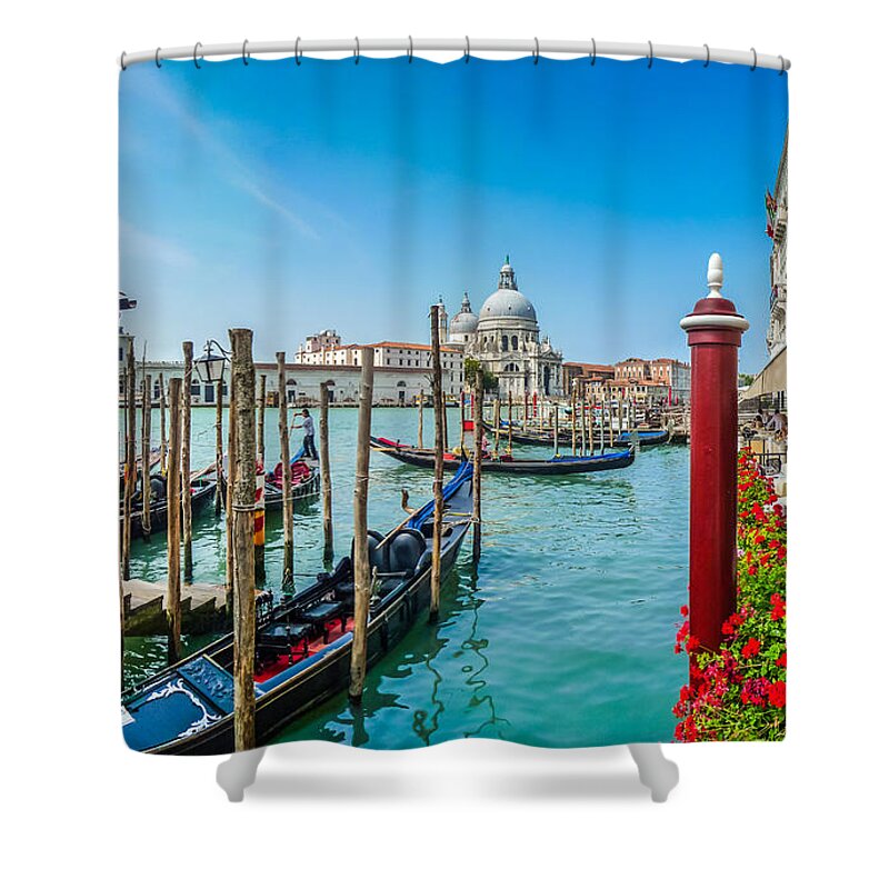 Adriatic Shower Curtain featuring the photograph Gondola on Canal Grande with Basilica di Santa Maria, Venice by JR Photography