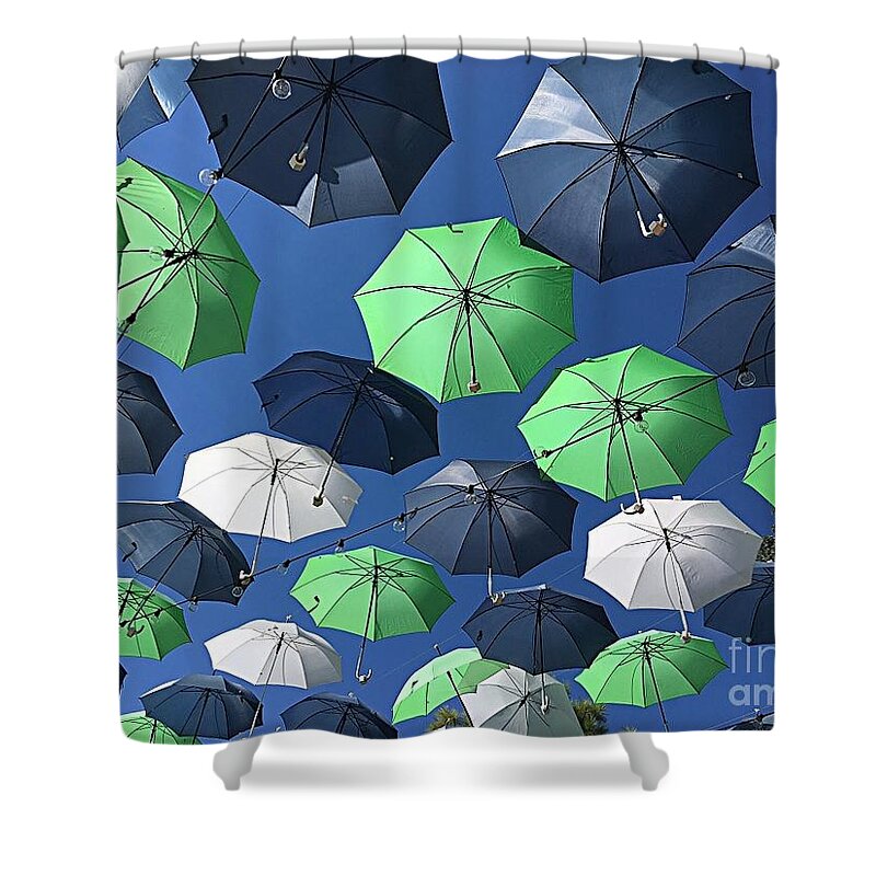 Gone Umbrellas Shower Curtain featuring the photograph Gone Umbrellas by Nan Riddle