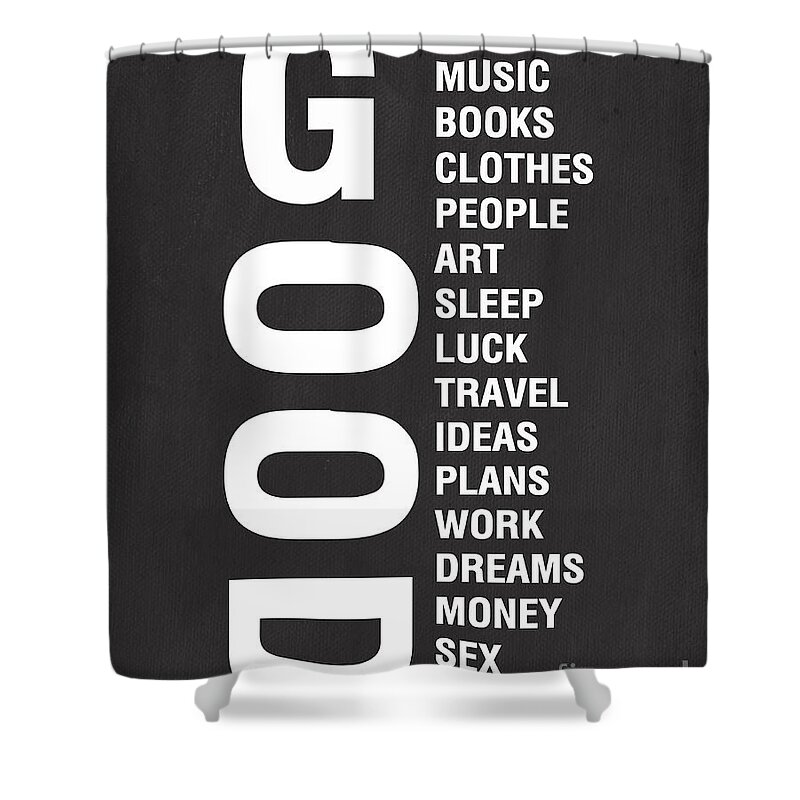 Typography Shower Curtain featuring the mixed media Good Things by Linda Woods