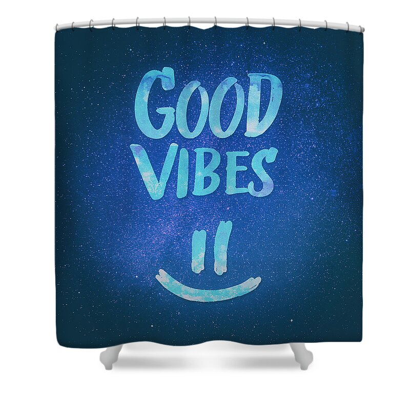 Good Vibes Shower Curtain featuring the digital art Good Vibes Funny Smiley Statement Happy Face Blue Stars Edit by Philipp Rietz