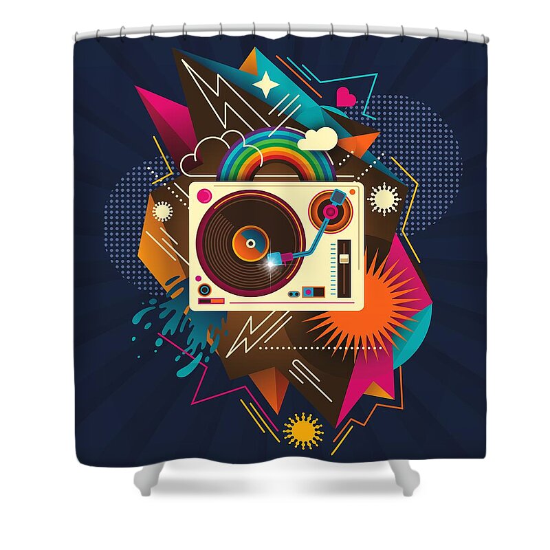 Albums Shower Curtain featuring the painting Goodtime Party Music Retro Rainbow Turntable Graphic by Little Bunny Sunshine