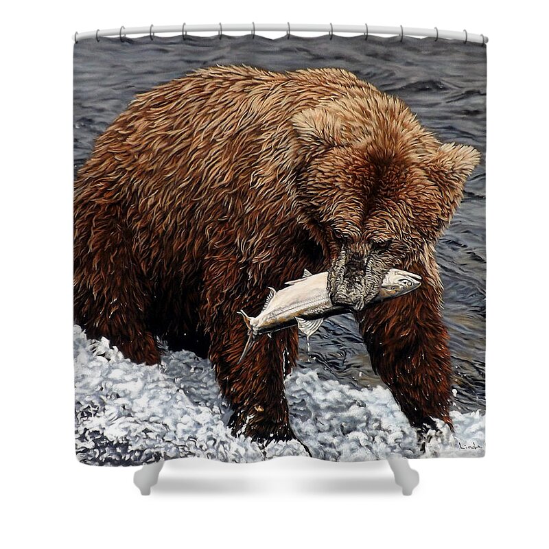 Bear Shower Curtain featuring the painting Gotcha by Linda Becker