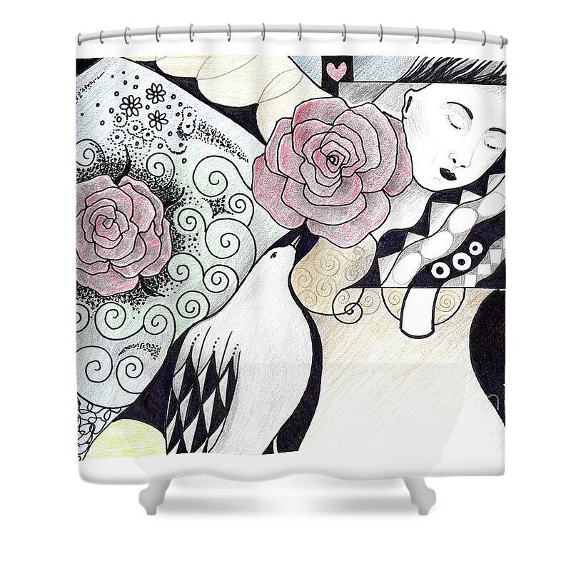 Woman Shower Curtain featuring the drawing Gracefully - In Color by Helena Tiainen