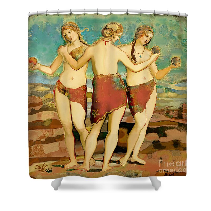 Goddess Shower Curtain featuring the mixed media Graces by Carrie Joy Byrnes
