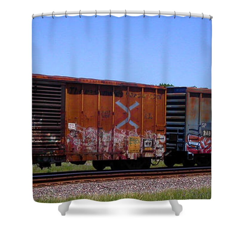 Train Shower Curtain featuring the photograph Graffiti Train with billboard by Anne Cameron Cutri