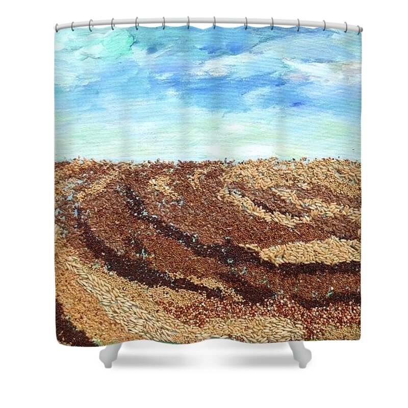 Prairies Shower Curtain featuring the mixed media Grains Painting the Prairies I by Naomi Gerrard