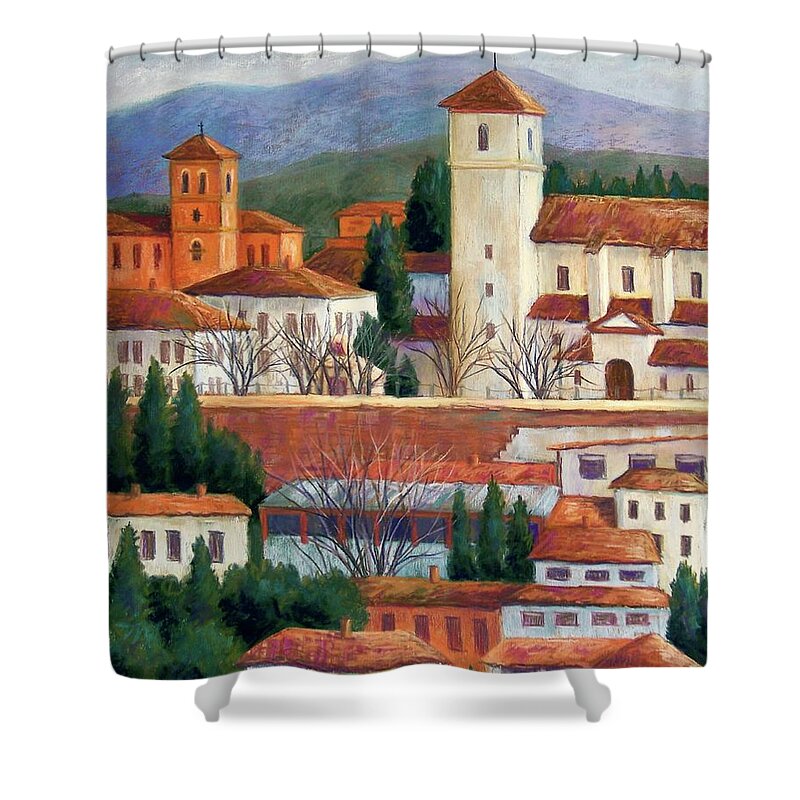 Granada Landscape Shower Curtain featuring the pastel Granada View by Candy Mayer