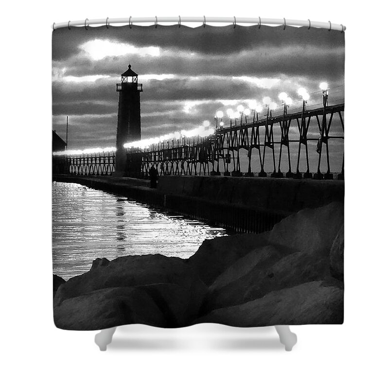 Evening Shower Curtain featuring the photograph Grand Haven Lighthouse Evening B W by David T Wilkinson